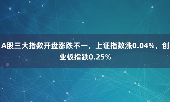 A股三大指数开盘涨跌不一，上证指数涨0.04%，创业板指跌0.25%